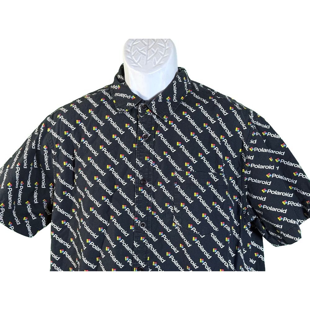 Propeller Polaroid Logo Button Down Shirt Mens Large Black Short Sleeve Retro - Picture 2 of 4